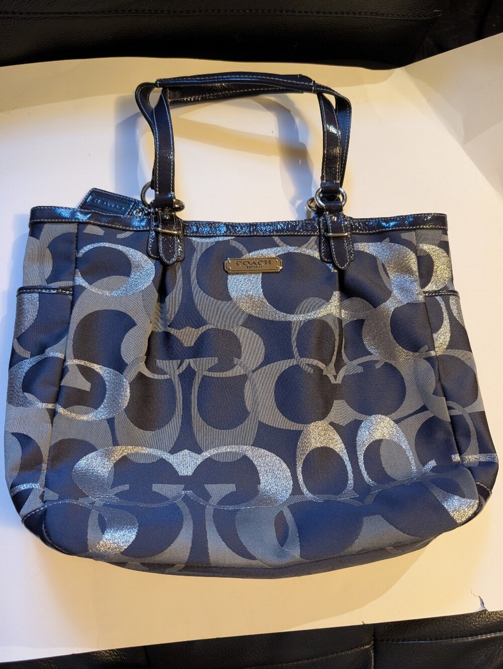 Coach Optic Gallery Tote Navy Blue Silver Metallic Signature Hobo Bag F19675 Y2K